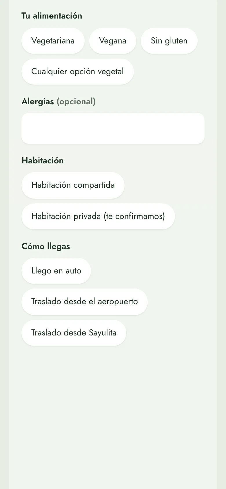 Preguntas del retiro: alimentación, alergias, habitación, cómo llegas y una pregunta de salud privada.