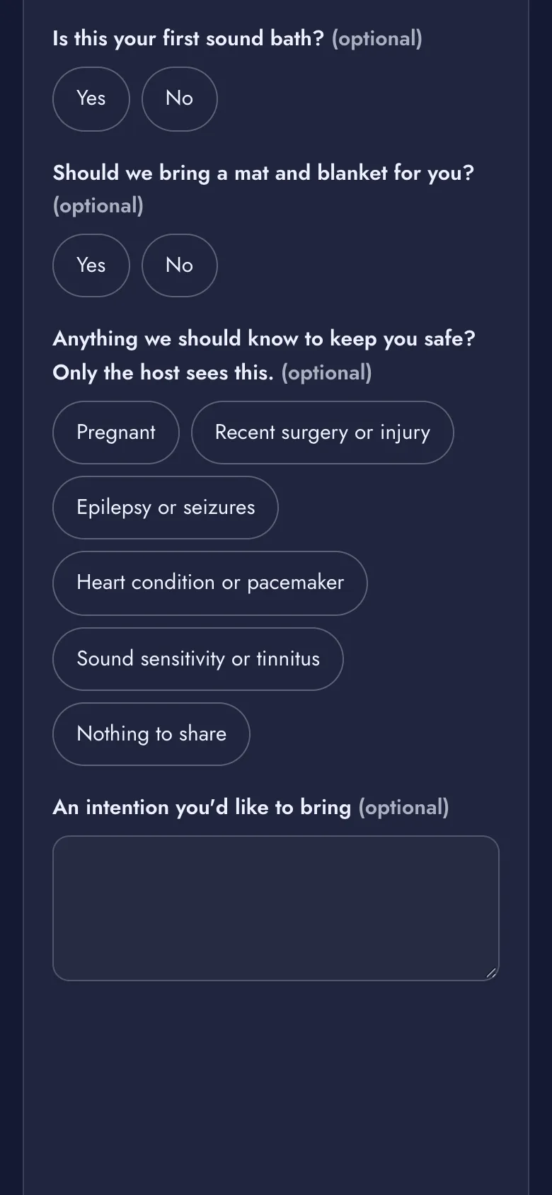 Sign-up questions for the sound bath: first time, mat and blanket, and a private health question.