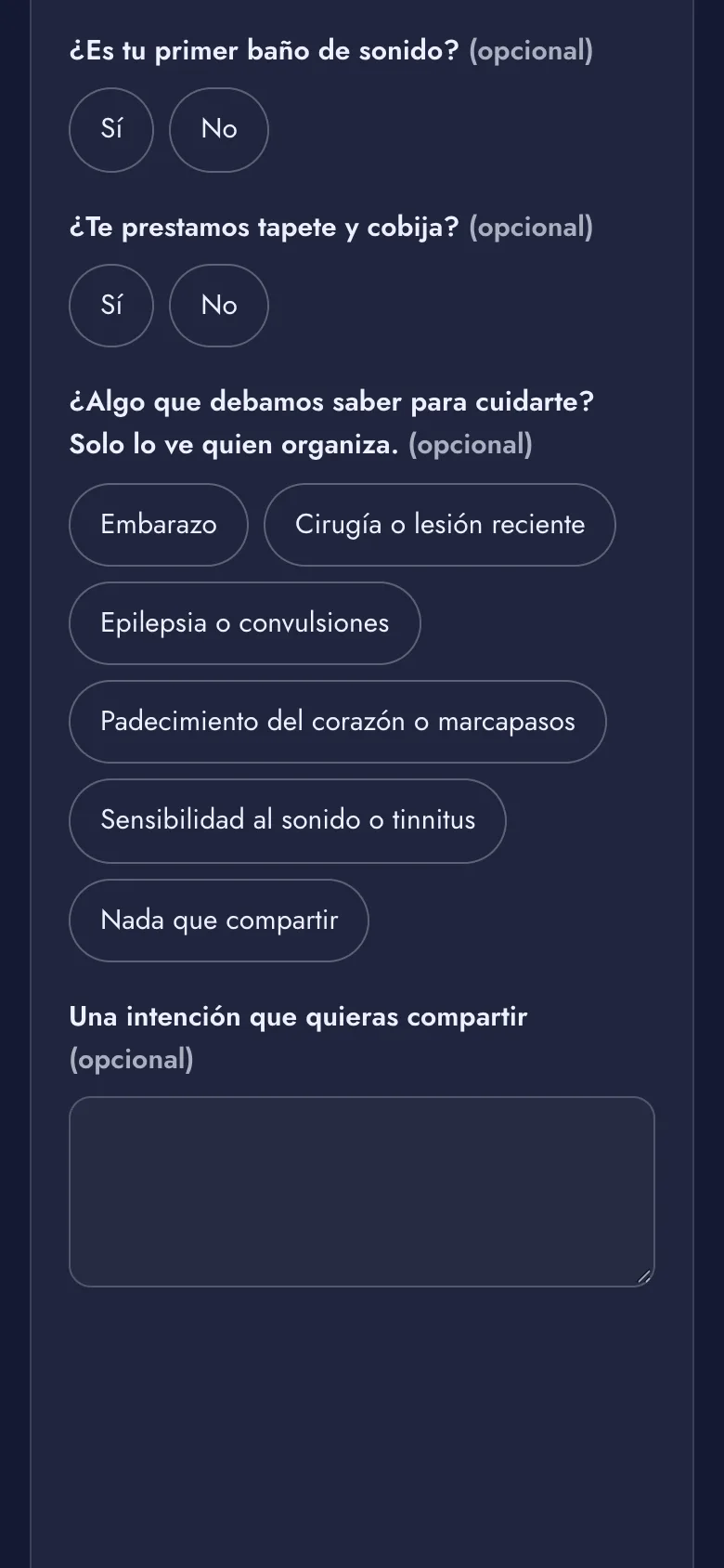 Preguntas del baño de sonido: si es su primera vez, tapete y cobija, y una pregunta de salud privada.