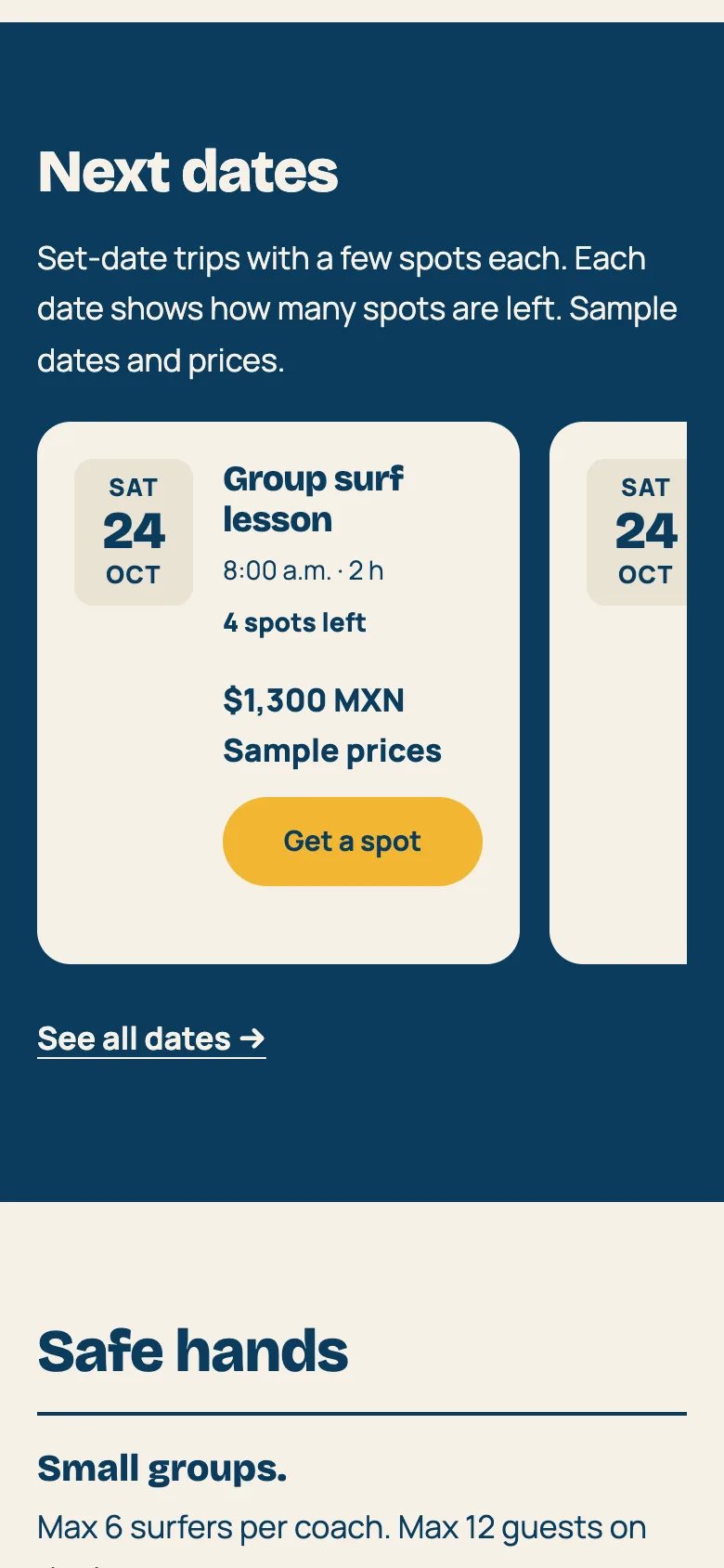 Saltwater Tours’ next dates on a phone: a group surf lesson card with its time, spots left, price and a Get a spot button.