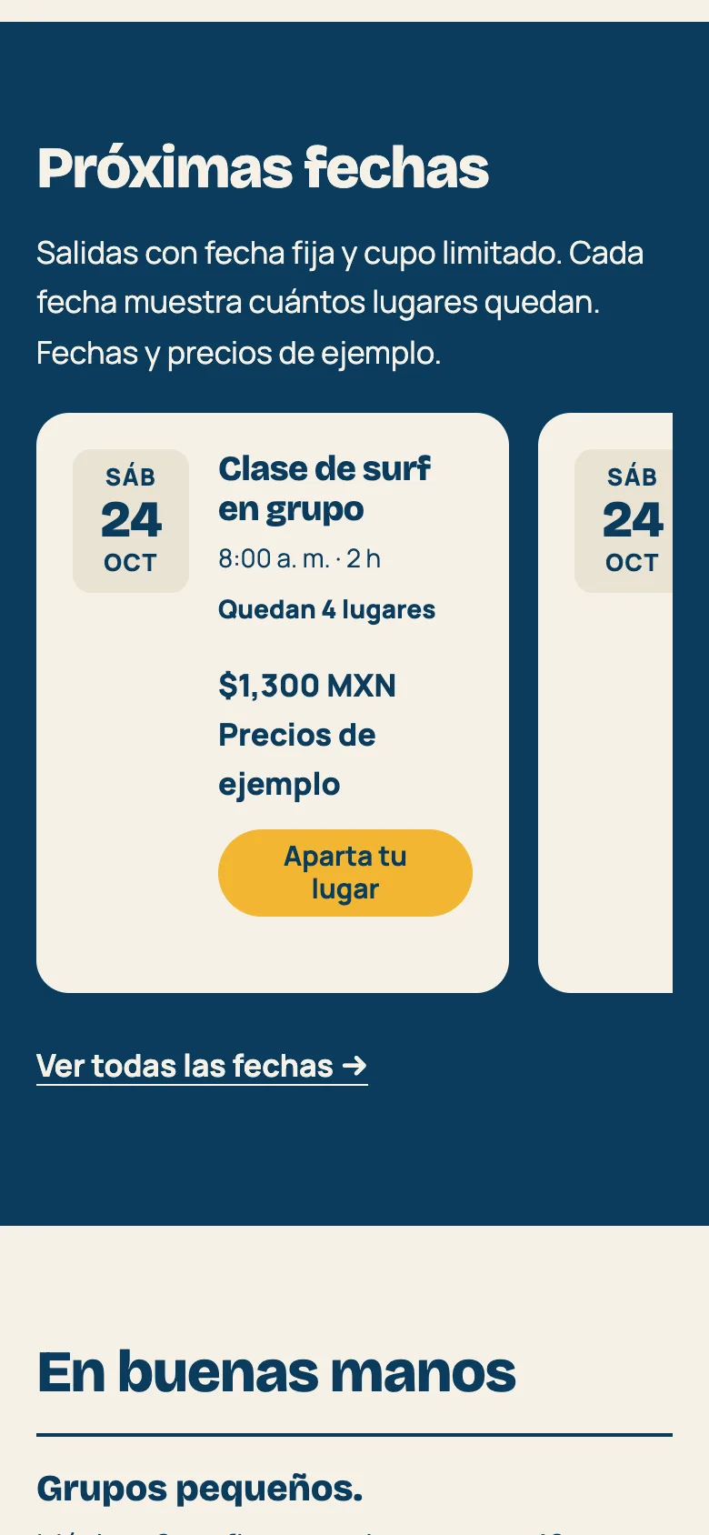 Las próximas fechas de Saltwater Tours en un celular: una tarjeta de clase de surf en grupo con su hora, lugares disponibles, precio y un botón para apartar tu lugar.