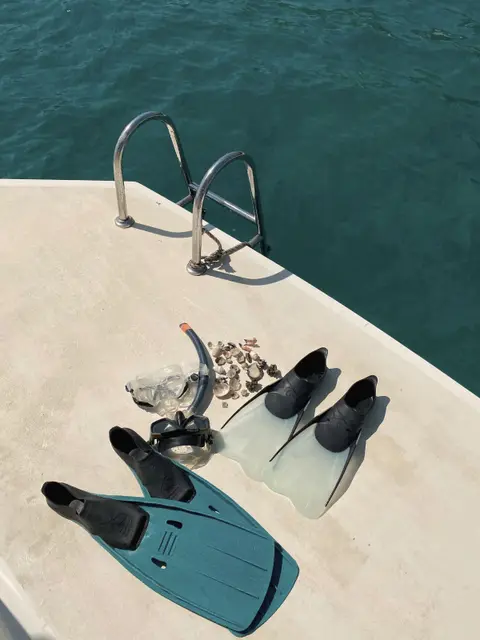 Fins and mask on a boat deck