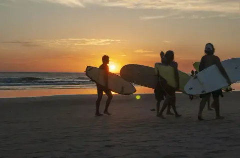 Surfers carrying boards along the beach at sunset